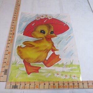 Vintage Duck with umbrella in the Rain Poster 1980s Laminated Cute Duckling